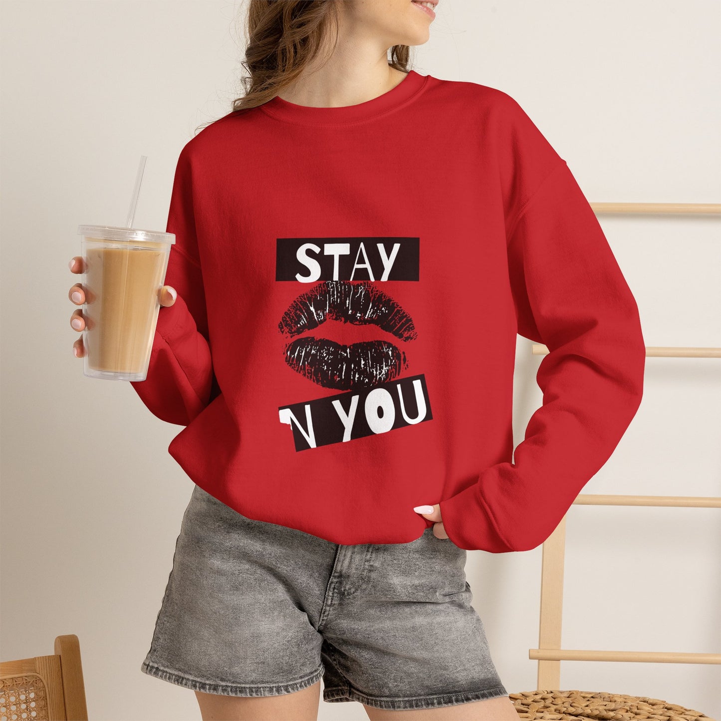 Stay You Kiss Graphic Sweatshirt — Feminine Lip Print Crewneck