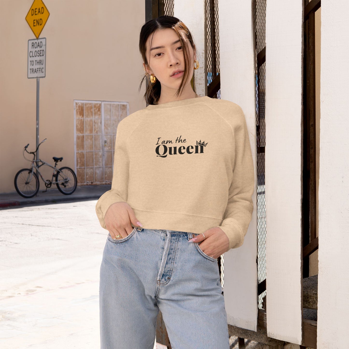 Cropped Pullover — "I am the Queen" Graphic Fleece Top