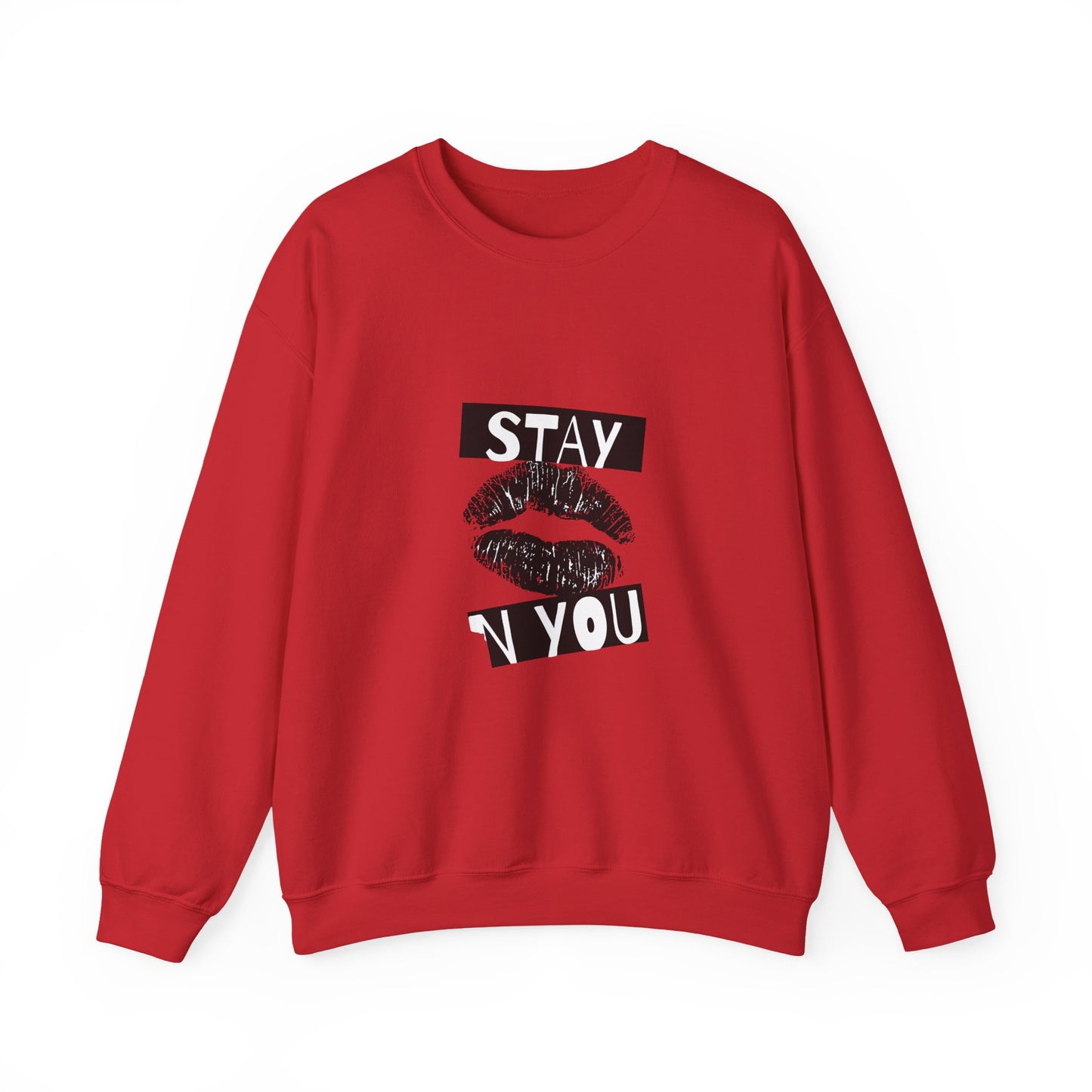 Stay You Kiss Graphic Sweatshirt — Feminine Lip Print Crewneck