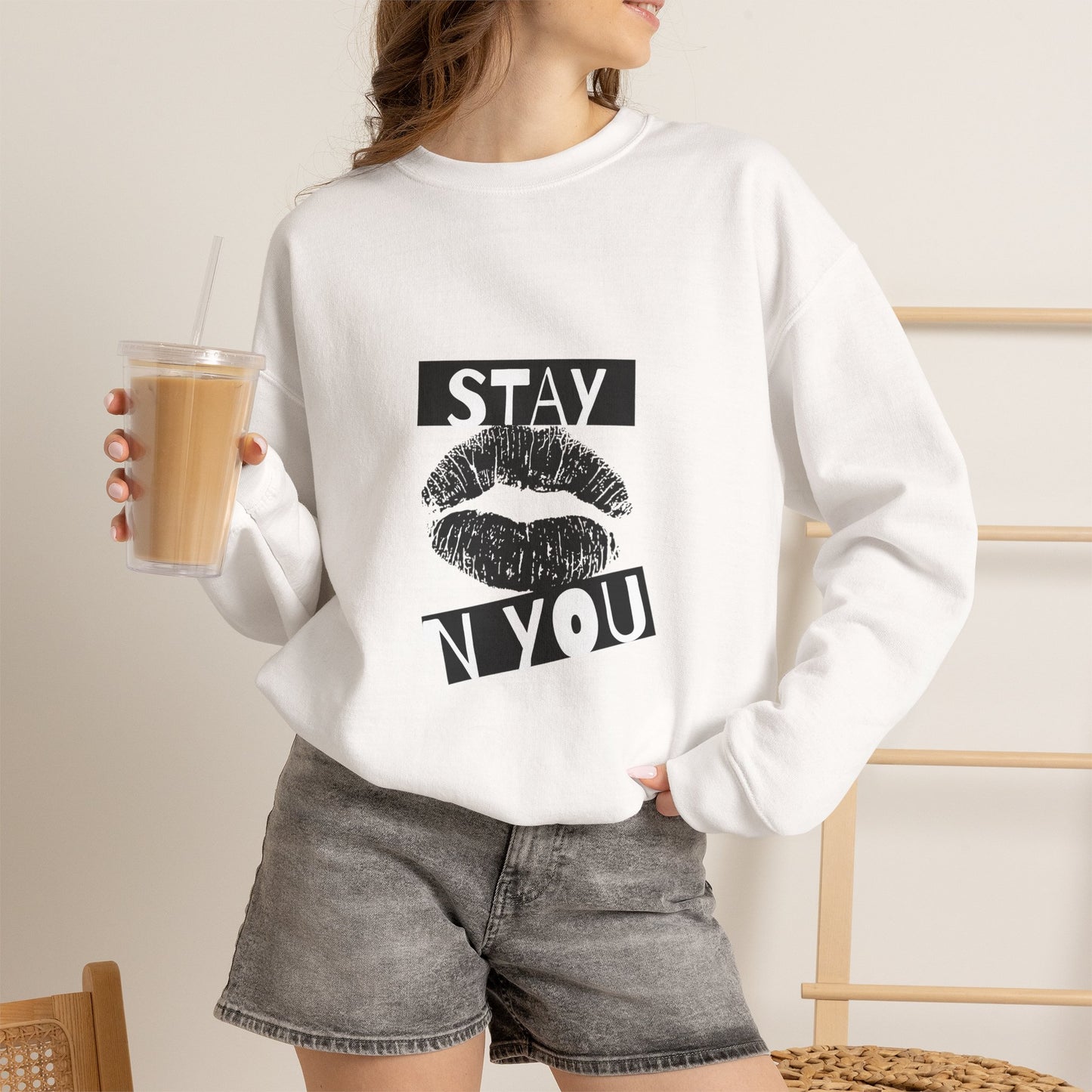 Stay You Kiss Graphic Sweatshirt — Feminine Lip Print Crewneck