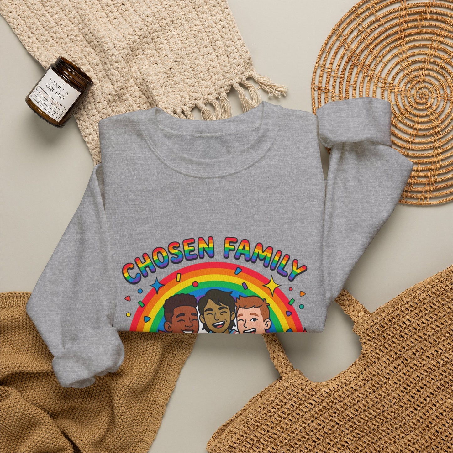 Chosen Family Pride Crewneck Sweatshirt | LGBTQ+ queer joy, pastel rainbow