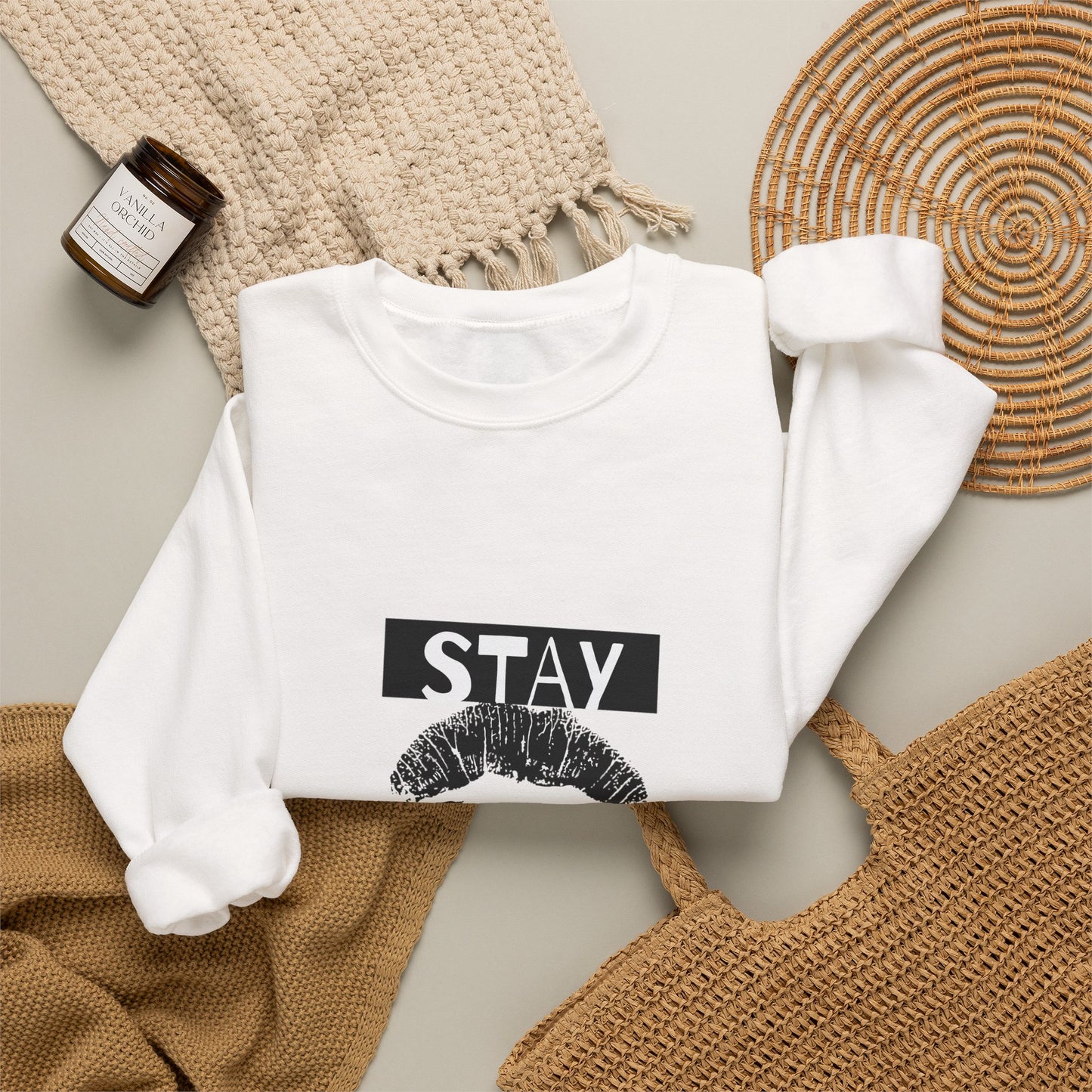 Stay You Kiss Graphic Sweatshirt — Feminine Lip Print Crewneck