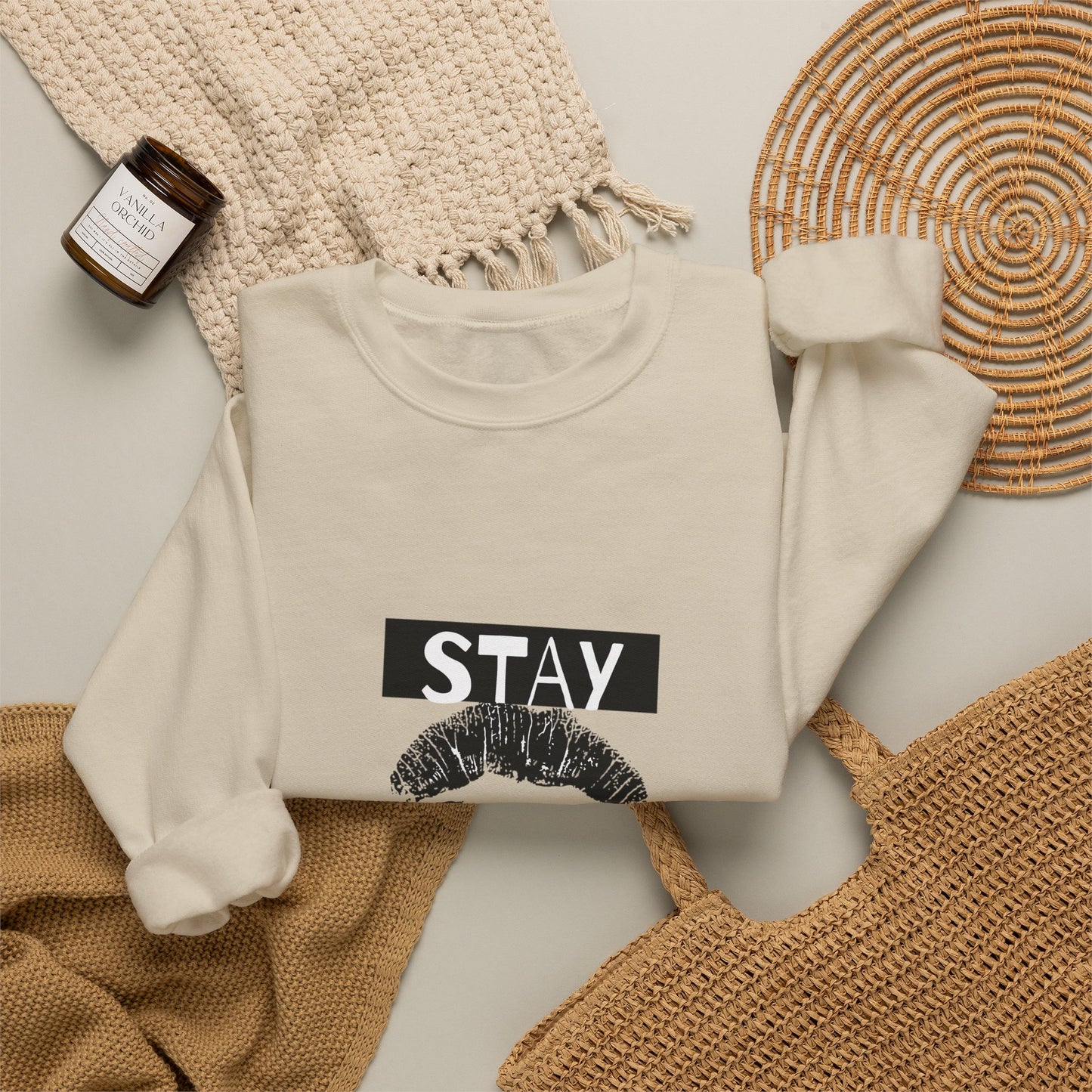 Stay You Kiss Graphic Sweatshirt — Feminine Lip Print Crewneck