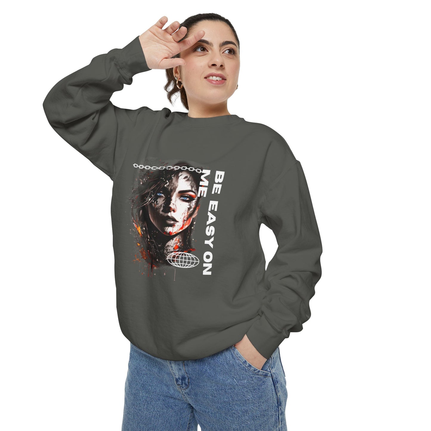 Graphic Sweatshirt — “Be Easy On Me” Artistic Portrait Pullover