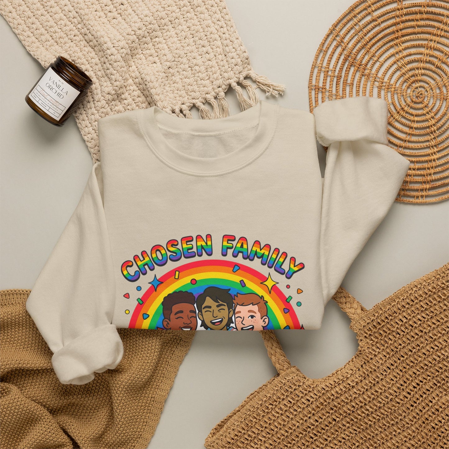 Chosen Family Pride Crewneck Sweatshirt | LGBTQ+ queer joy, pastel rainbow