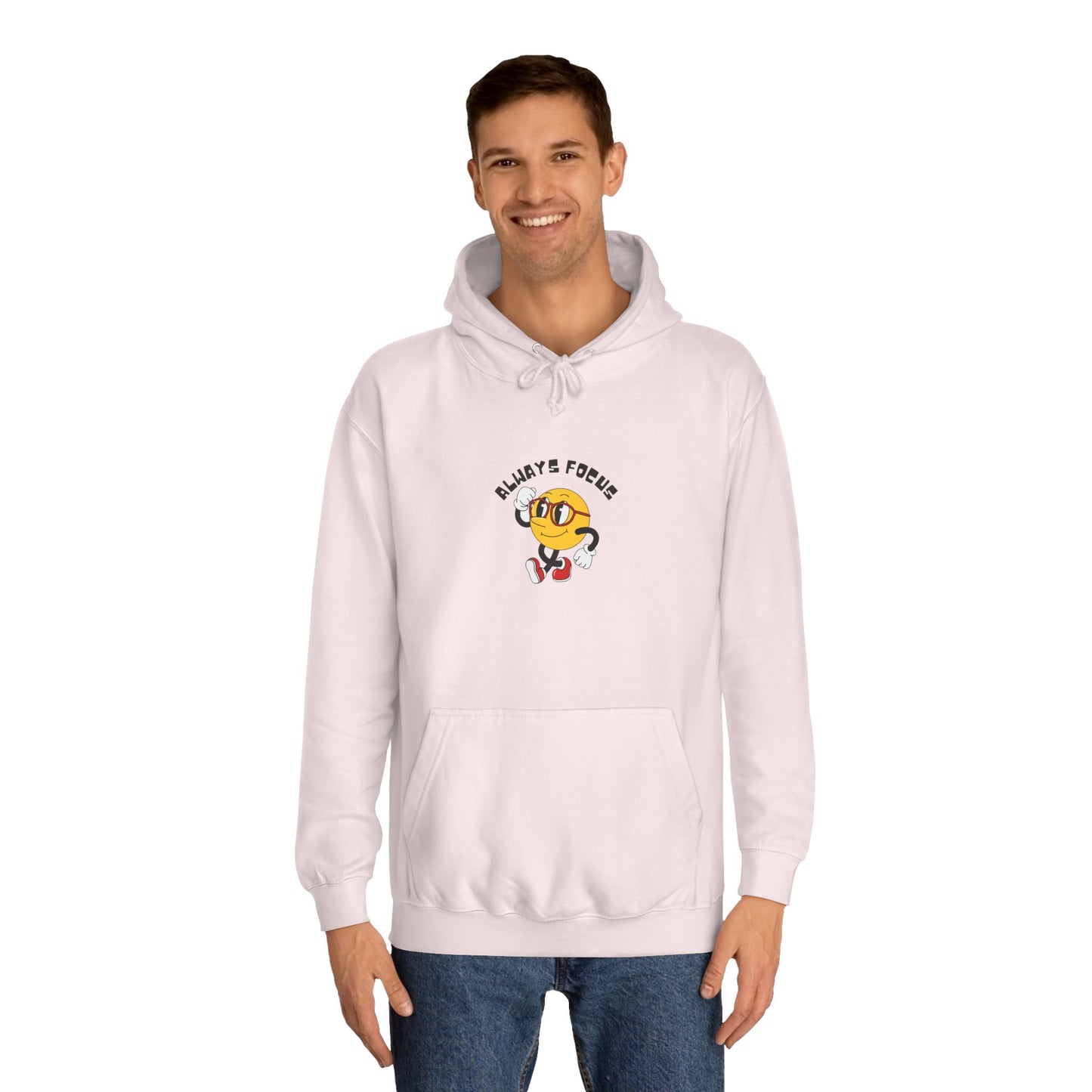 College Hoodie — "Let's Focus" Smiley Face Graphic Hoodie