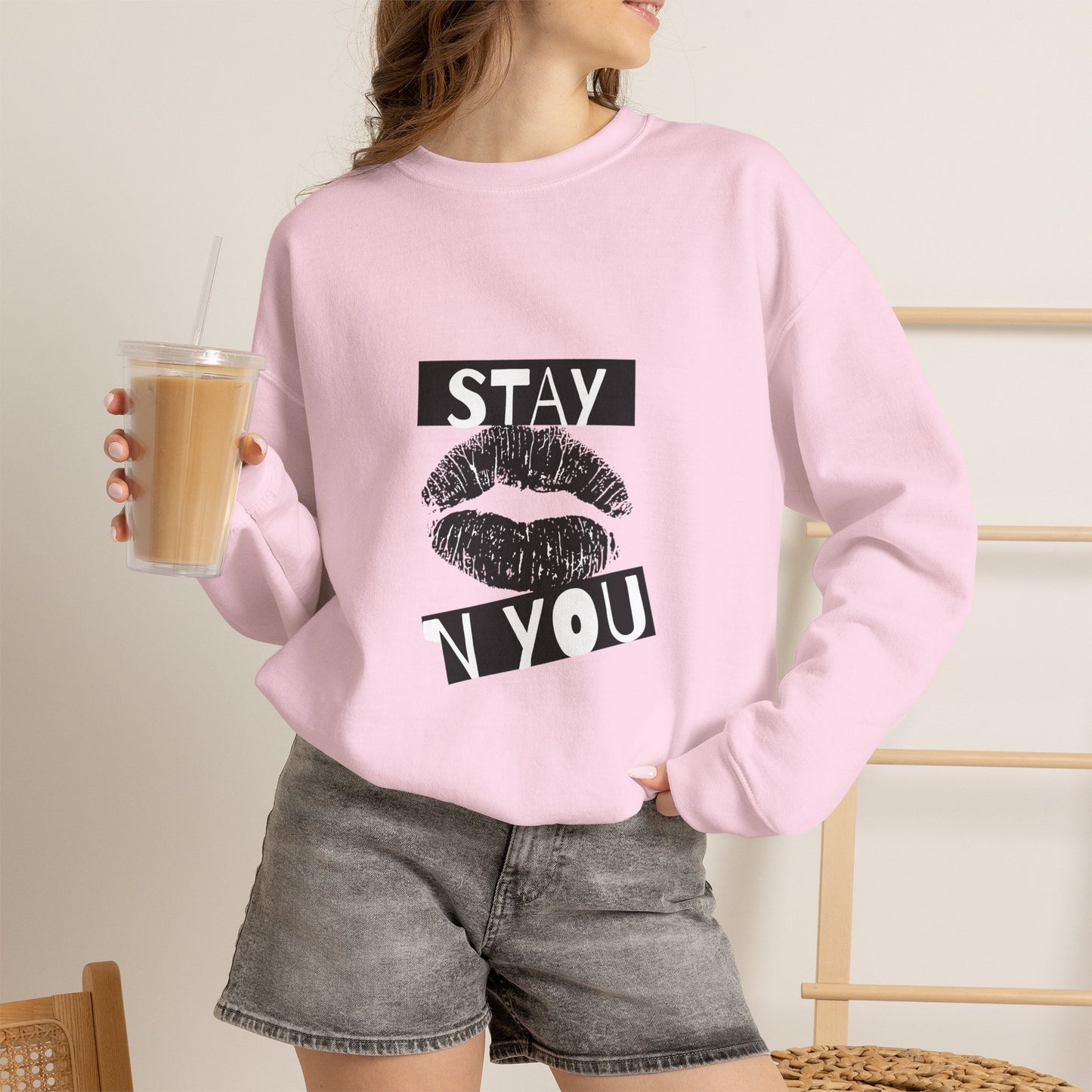 Stay You Kiss Graphic Sweatshirt — Feminine Lip Print Crewneck