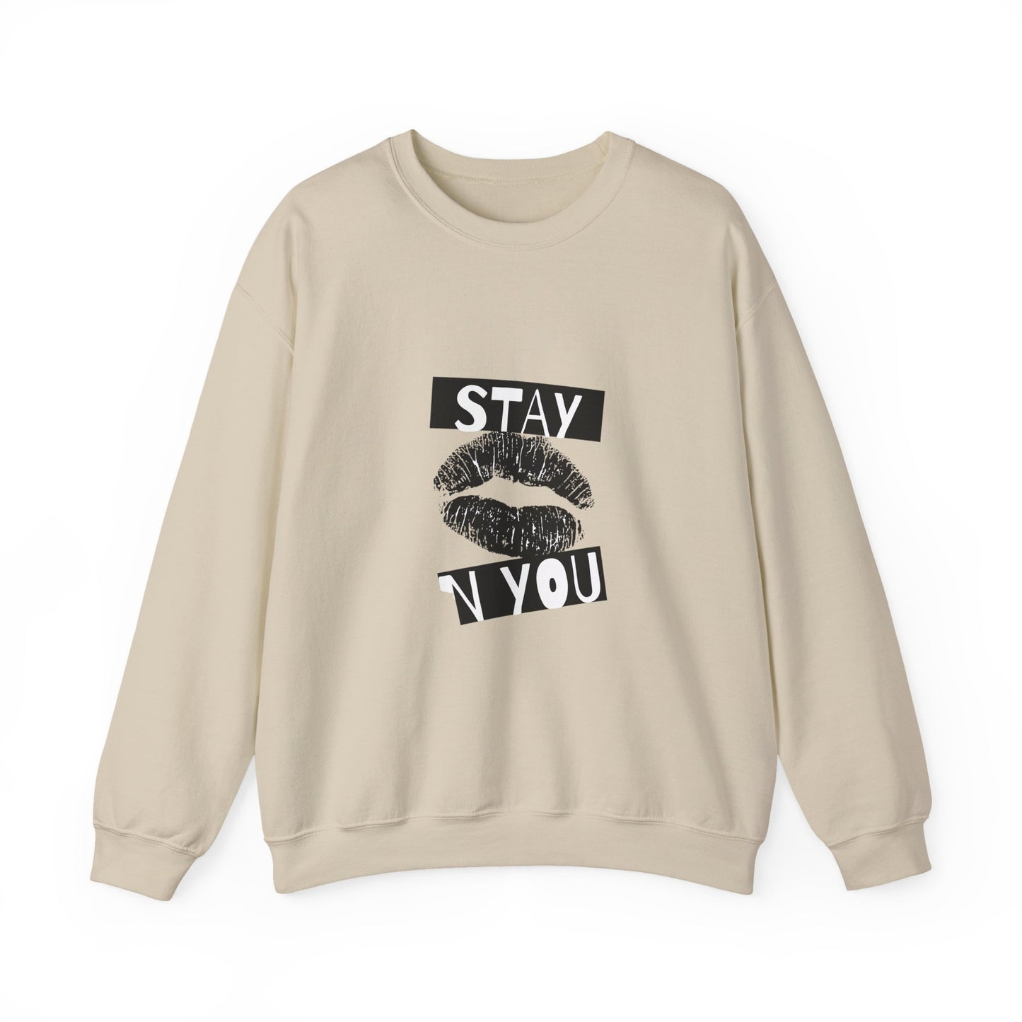 Stay You Kiss Graphic Sweatshirt — Feminine Lip Print Crewneck