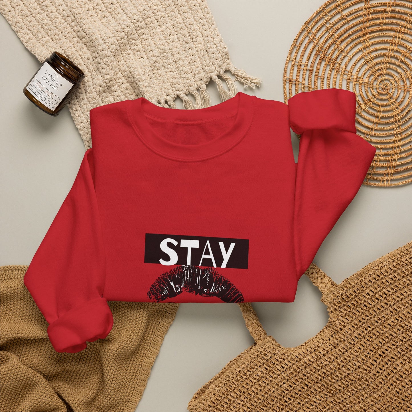 Stay You Kiss Graphic Sweatshirt — Feminine Lip Print Crewneck