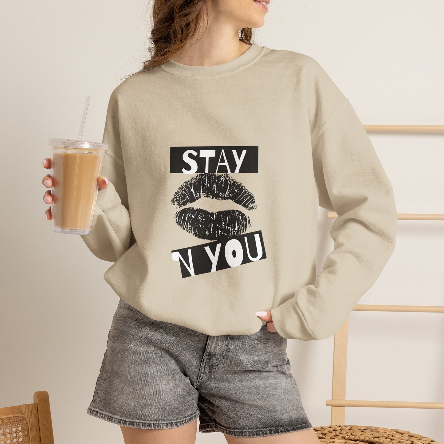 Stay You Kiss Graphic Sweatshirt — Feminine Lip Print Crewneck