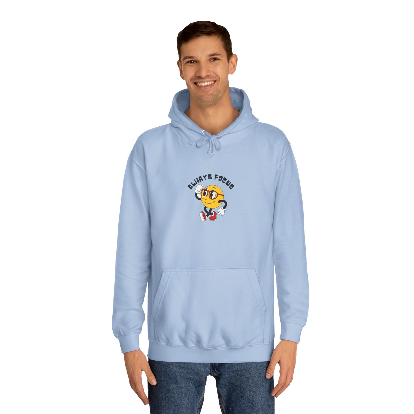 College Hoodie — "Let's Focus" Smiley Face Graphic Hoodie