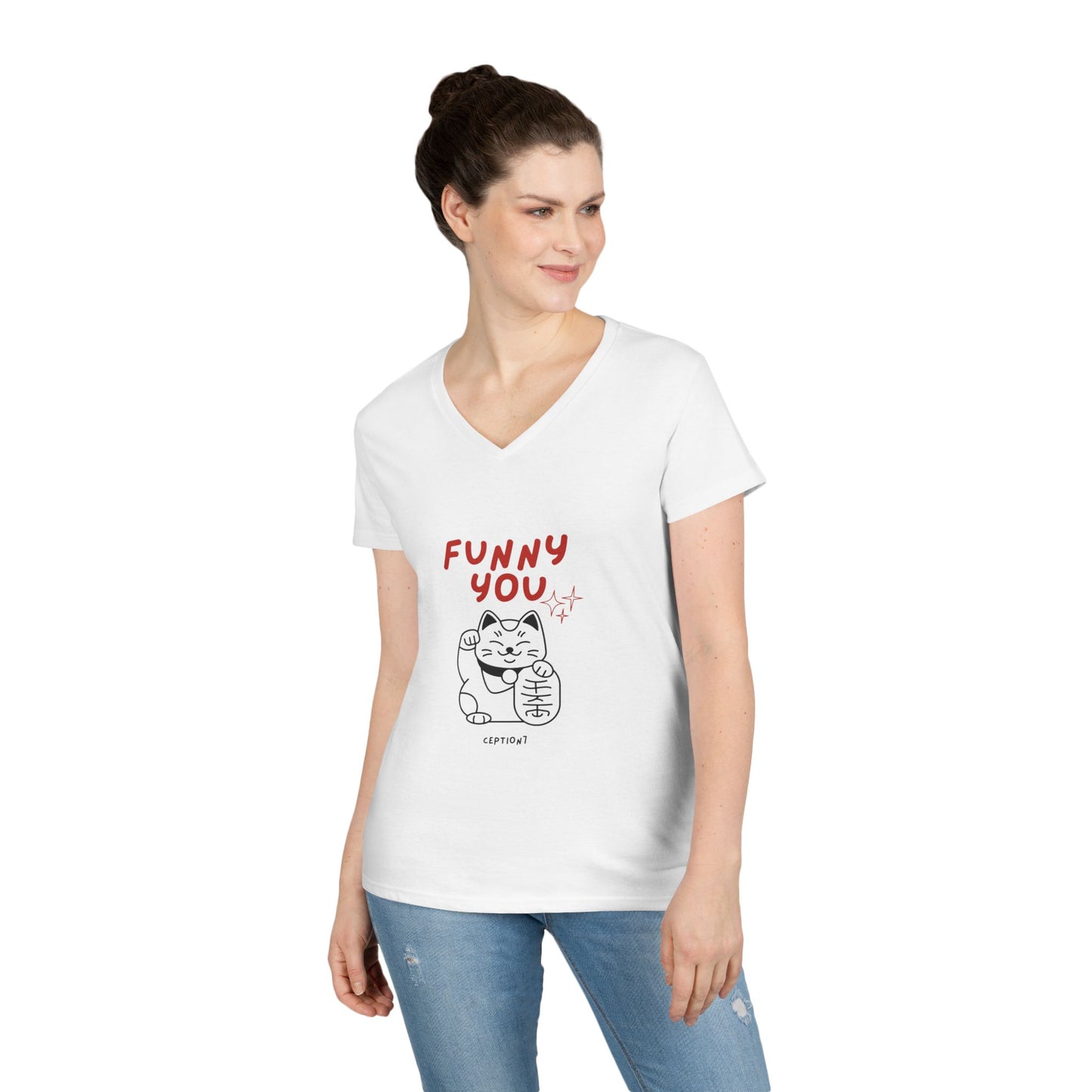 Funny You V-Neck T-Shirt — Cute Lucky Cat Graphic Tee for Women