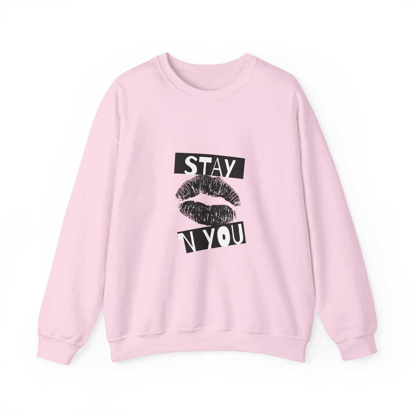 Stay You Kiss Graphic Sweatshirt — Feminine Lip Print Crewneck