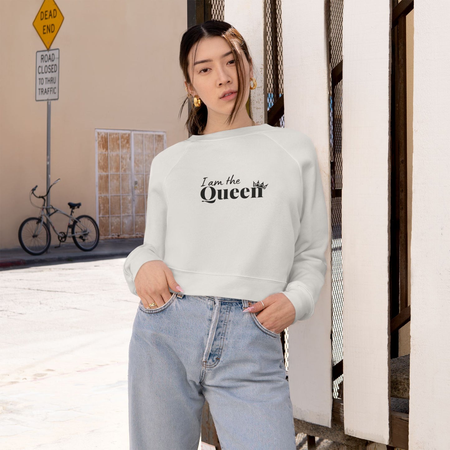 Cropped Pullover — "I am the Queen" Graphic Fleece Top