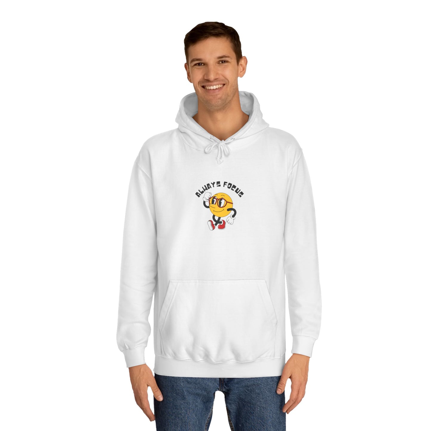 College Hoodie — "Let's Focus" Smiley Face Graphic Hoodie