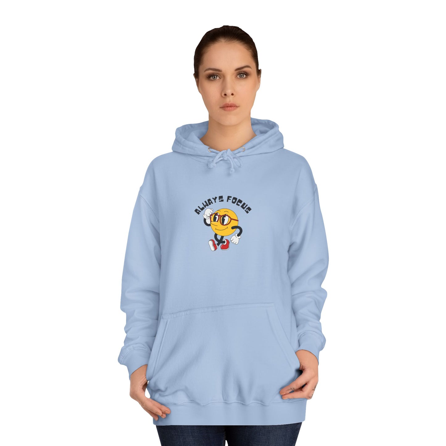 College Hoodie — "Let's Focus" Smiley Face Graphic Hoodie