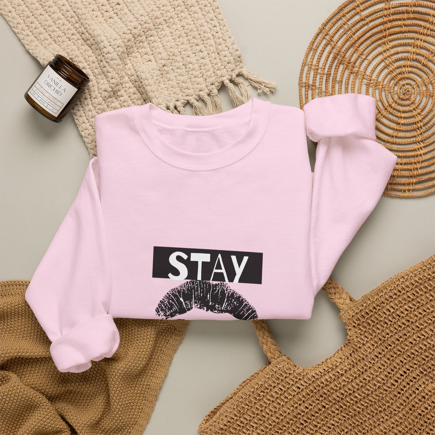 Stay You Kiss Graphic Sweatshirt — Feminine Lip Print Crewneck