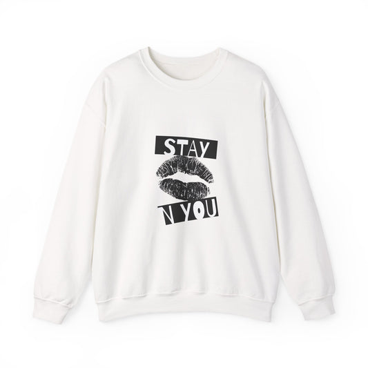 Stay You Kiss Graphic Sweatshirt — Feminine Lip Print Crewneck
