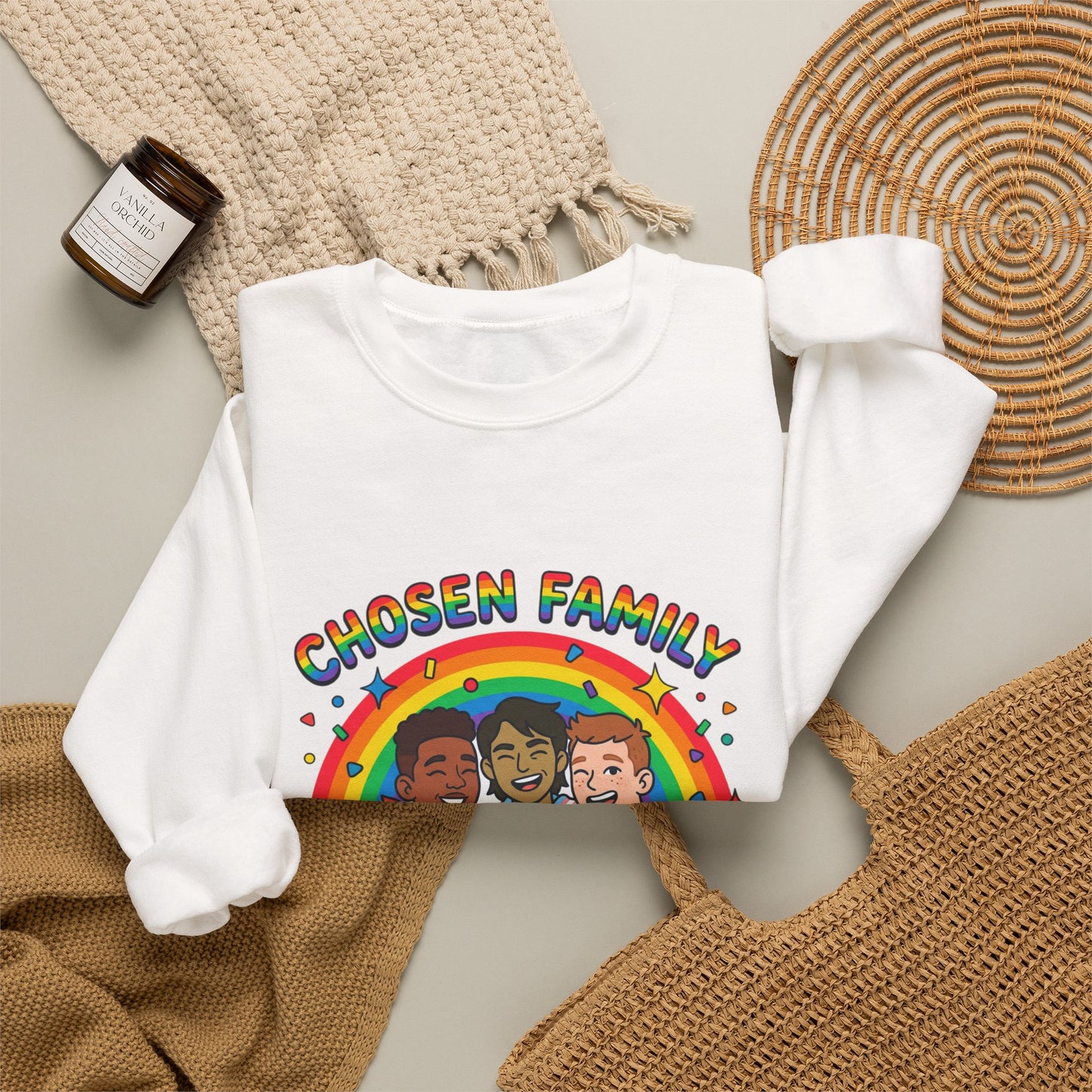 Chosen Family Pride Crewneck Sweatshirt | LGBTQ+ queer joy, pastel rainbow
